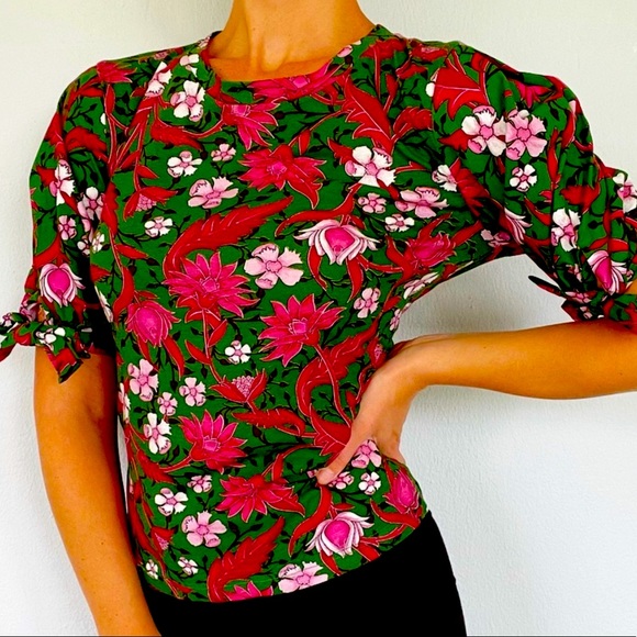 New Zara Print  Floral Tied Puffy sleeves  top - Picture 4 of 7